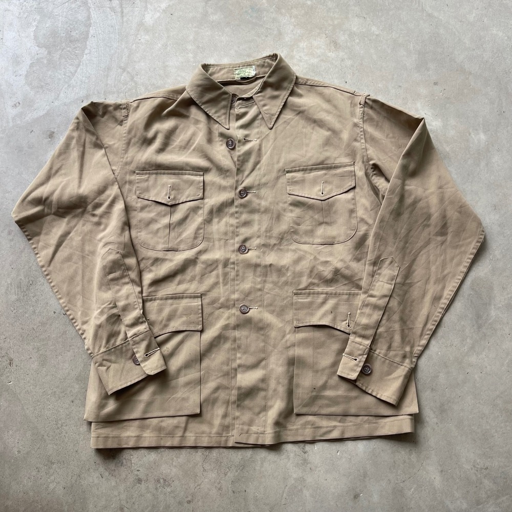 Vintage 40s 50s LL Bean Rayon Blend Safari Shirt Jacket Khaki Men 42 4 Pocket